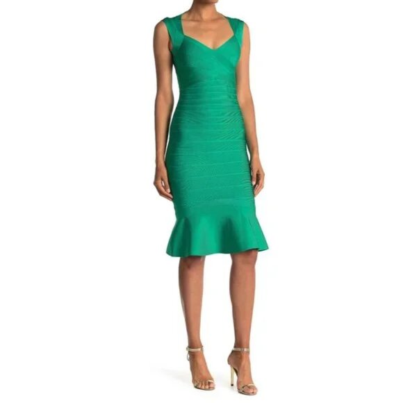 Herve Leger Paris EUC Sweetheart Green Flare Bandage Dress Sz Small - Picture 1 of 6